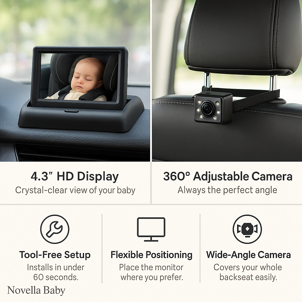 Car monitor and camera system with display and camera features highlighted.