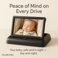 Novella Baby monitor displaying a sleeping baby in a car seat with text 'Peace of Mind on Every Drive'.