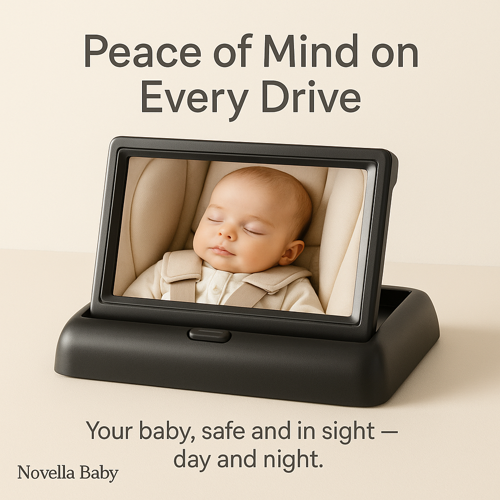 Novella Baby monitor displaying a sleeping baby in a car seat with text 'Peace of Mind on Every Drive'.
