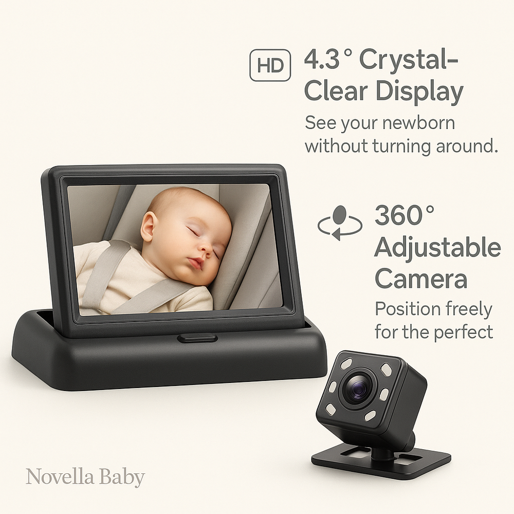 Baby monitor with display and camera, featuring text about crystal-clear display and adjustable camera.