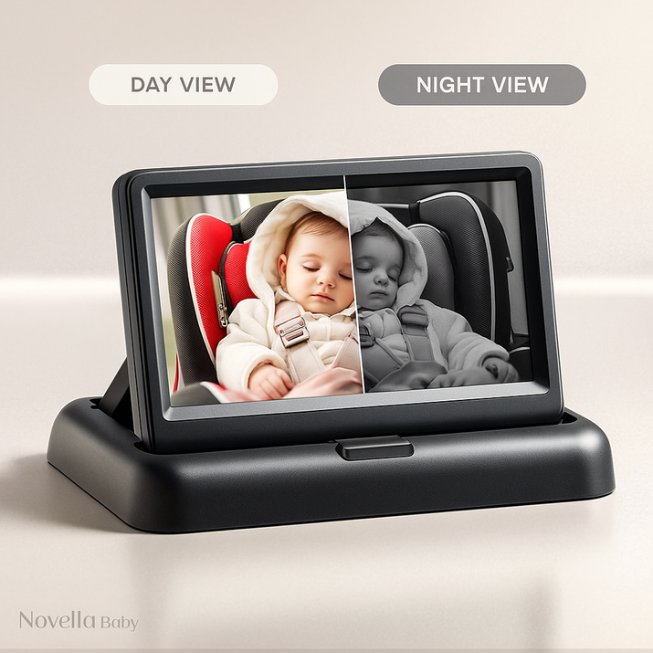 Baby monitor displaying day and night views of a baby in a car seat, branded as Novella Baby.