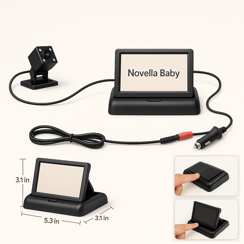 Baby monitor system with display and camera, branded 'Novella Baby', showing dimensions and usage examples.